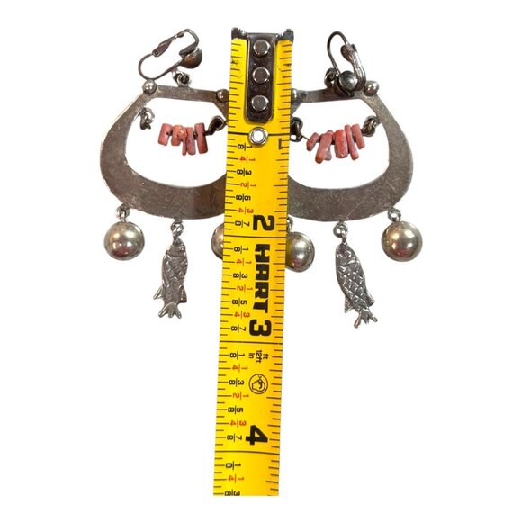 Vtg 925 Sterling Silver Clip-On Earrings Coral Beads Fish Ball Charms Souothwest - Picture 5 of 7